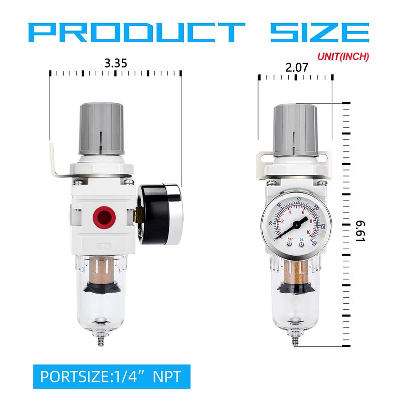NANPU 1/4" NPT Compressed Air Filter Regulator Combo Piggyback, 5 Micron Brass Element, Poly Bowl, Semi-Auto Drain, Metal Bracket, 0-150 psi Gauge - Image 3